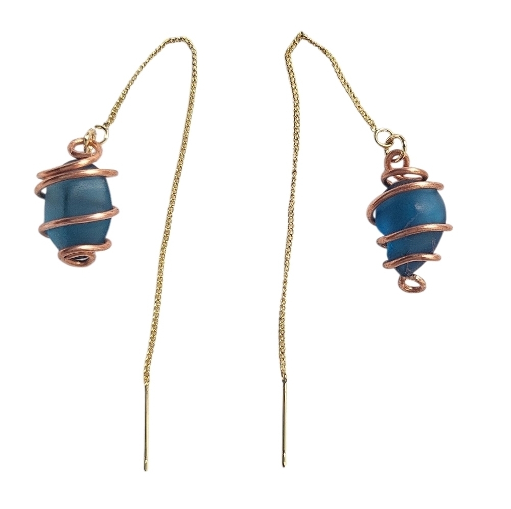 18K Gold Plated Brass Seaglass Threader Dainty Earrings - Picture 2 of 3